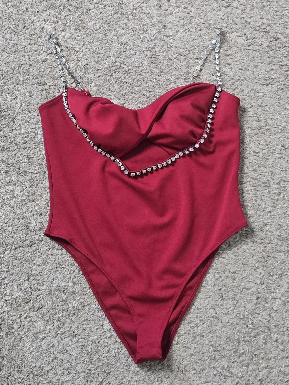 Women’s Burgundy One-Piece Bust Cutout Bodysuit Rhinestone Chain Straps L